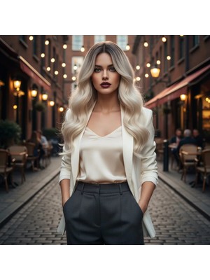 Get Store Daalı Perçemli Fiber Sen Orta Boy Peruk / Kahve / Beyaz Platin Röfleli