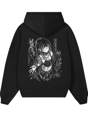 BarsDepo Oversize Unisex Siyah Hoodie Gotik Kuru Kafa Baskılı Kapüşonlu Sweatshirt