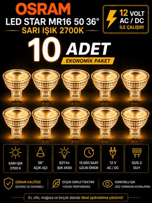 Avarson (10 Adet) Ledvance 12V Ac/dc 6.1W (50W) 2700K (Sarı Işık) Gu5.3 Duylu LED Çanak Ampul