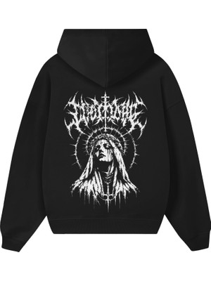 BarsDepo Oversize Unisex Siyah Hoodie Gotik Kuru Kafa Baskılı Kapüşonlu Sweatshirt