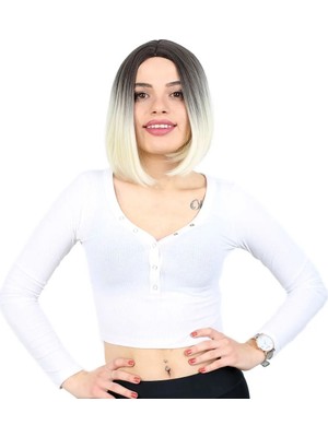 Get Store Kahkülsüz Düz Kısa Fiber Sen Peruk / Küllü Siyah / Platin Ombreli