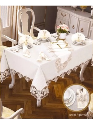Ceki Home Karanfil Gardenya Keten Yemek Takımı Masa Seti 12 Kişilik 26 Parça 160 × 220 cm Runner Set Krem-Gümüş