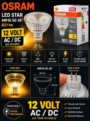 Avarson (1 Adet) Ledvance 12V Ac/dc 6.1W (50W) 2700K (Sarı Işık) Gu5.3 Duylu LED Çanak Ampul