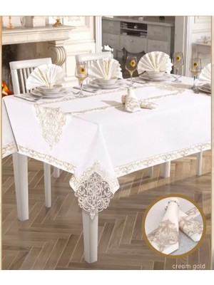Ceki Home Elegant Linen Yemek Takımı Masa Seti 12 Kişilik 26 Parça160 × 260 cm Runner Set Krem-Gold