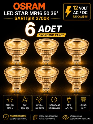 Avarson (6 Adet) Ledvance 12V Ac/dc 6.1W (50W) 2700K (Sarı Işık) Gu5.3 Duylu LED Çanak Ampul