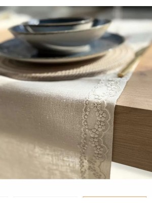 Ceki Home Masa Üzerine Runner, Sehpa Örtüsü Fransız Işlemeli Detaylı Zara Model Krem