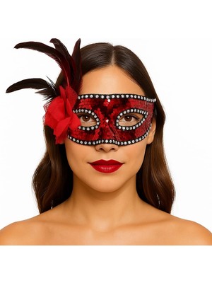 Eco Port Fa Aksesuar Kırmızı Renk Yandan Tüylü Güllü Gümüş Taşlı Pullu Maske 20X22 cm