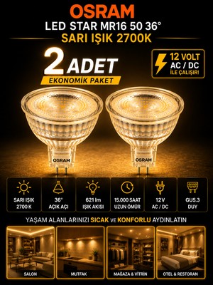 Avarson (2 Adet) Ledvance 12V Ac/dc 6.1W (50W) 2700K (Sarı Işık) Gu5.3 Duylu LED Çanak Ampul