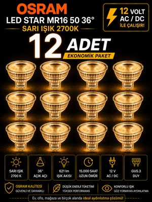 Avarson (12 Adet) Ledvance 12V Ac/dc 6.1W (50W) 2700K (Sarı Işık) Gu5.3 Duylu LED Çanak Ampul