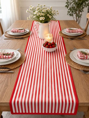 Calina Home Kırmızı Çizgili Masa Örtüsü Runner (Duck Kumaş)