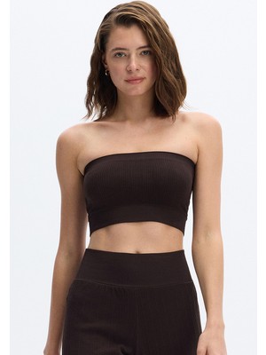 Dikişsiz Rib Dokulu Straplez Crop Top Koyu Kahve