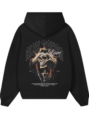 BarsDepo **oversize Unisex Siyah Hoodie Gotik Kuru Kafa Baskılı Kapüşonlu Sweatshirt**