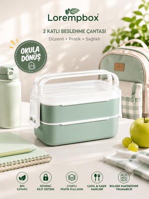 Lorempbox 2 Katlı Beslenme Kabı – Taşıma Saplı, Kilitli, Çatal Kaşık Dahil Okul Beslenme Seti