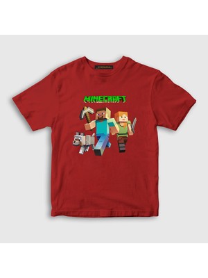 Presmono Unisex Çocuk Kırmızı Miners Minecraft T-Shirt