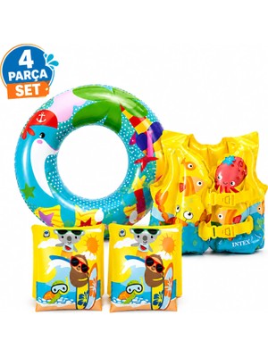 Fidan Oyuncak 4 Parça Tam Set Çocuk Yüzme Öğrenme Seti (3-6 Yaş, 19-30 Kg) - Can Yeleği, Simit ve Kolluk - Renkli Eğlenceli Tasarım - Güvenli ve Dayanıklı