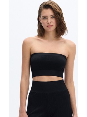 Dikişsiz Rib Dokulu Straplez Crop Top Siyah