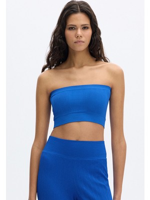 Dikişsiz Rib Dokulu Straplez Crop Top Cobalt