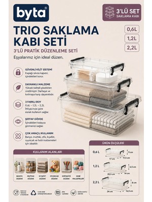 3'lü Kilitli Kapaklı Şeffaf Saklama Kabı Seti 0,6l + 1,2l + 2,2l Çok Amaçlı Organizer Bpa Içermez
