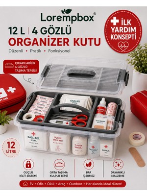 Lorempbox 12 L 4 Gözlü Ilk Yardım Organizer Kutusu – Çıkarılabilir Taşıma Tepsili, Kilitli Ilk Yardım Malzeme Düzenleyici