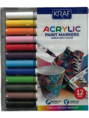 Kraf 666 Akrilik Marker Yuvarlak Uç Boya Kalemi Seti 12'li