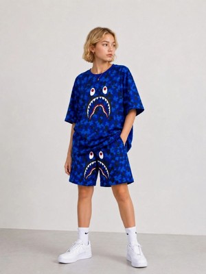 Hace Bazaar Kız Çocuk Oversize Kalıp Pubg Bape x Shark Nakışlı Cepli Şort Takım - Mavi