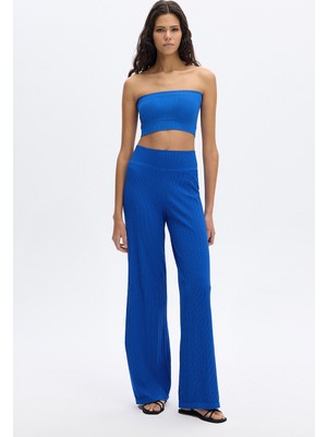 Rib Dokulu Rahat Palazzo Dikişsiz Pantolon Cobalt