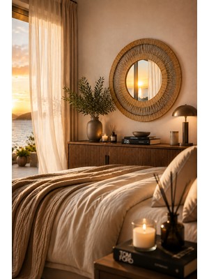 Naturel Dekor Rattan Işın Tasarım Dekoratif Ayna 55 Cm, Bohem, Iskandinav, Modern, Hasır, Bambu