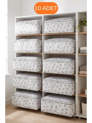 Evsella 10’lu Çiçek Desenli Çizgili Beyaz Baza Altı Çekyat Hurç Organizer 60×40×22 cm