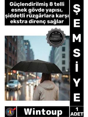 Wintoup #şemsiye Kompakt Rüzgara Dayanıklı 8 Telli Su Geçirmez Modern Şık Siyah Kılıflı Otomatik Şemsiye