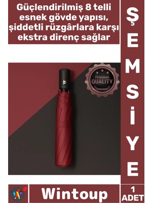 Wintoup #şemsiye Kompakt Rüzgara Dayanıklı 8 Telli Su Geçirmez Modern Şık Bordo Kılıflı Otomatik Şemsiye