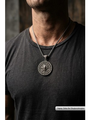 Begondio Aslanlı Vegvisir Pusula El İşçiliği Paslanmaz Çelik Zincir Erkek Kolye