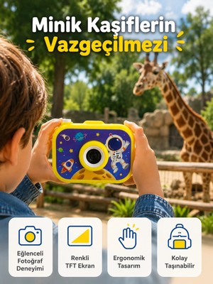Çocuk Dijital Kamera Hd Fotoğraf ve Video Çekimi 2.0 Inç Tft Ekran Type-C Şarjlı Mini Tripodlu