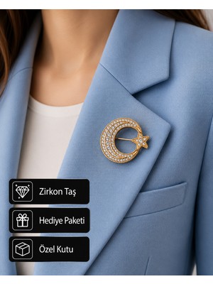 Herşey Nota Ay Yıldız Figürlü Zirkon Taşlı Altın Renk Broş – Şık Gold Çanta ve Ceket Aksesuar