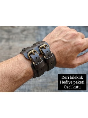 Herşey Nota Çift Tokalı Geniş Deri Erkek Bileklik – Vintage Kahverengi Deri Bileklik