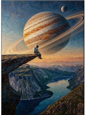 Bedeko Uçurumda Oturan Astronot ve Gezegen Mdf Ahşap Tablo