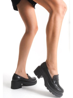Zerenyus ZRİN-K-706 Premium Siyah Kırışık Rugan Ortopedik Yüksek Tabanlı Loafer