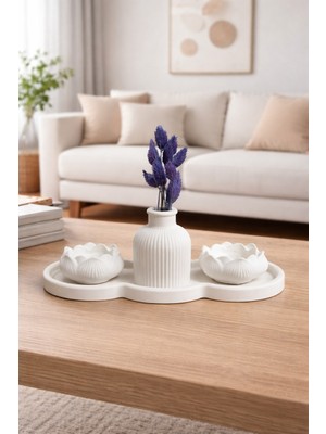 Alva Home Minimal Beyaz Tepsili Vazo & Mumluk Dekor Seti