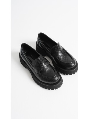 Savana Premium Kadın Günlük Siyah Kroko Loafer Ayakkabı