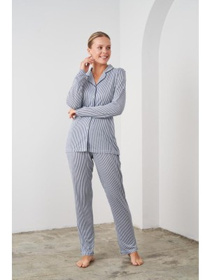 Pjs 24549 Kadın Düğmeli Çizgili Pijama Takım