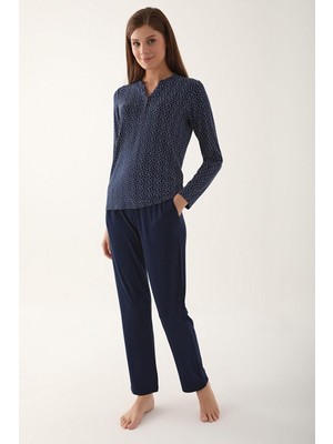 Arnetta 2659 Dotted Lacivert Kadın Uzun Kol Pijama Takım