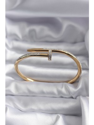 TKÇ 316L Çelik Gold Renk Çivi Model Zirkon Taş Detay Kadın Bileklik TJ-BB5646