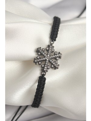 TKÇ Pirinç Füme Renk Zirkon Taşlı Kar Tanesi Figür Makrome Asansörlü Model Kadın Bileklik Tj-Bb6
