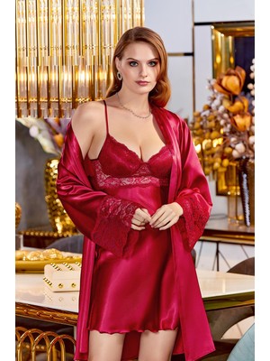 Jeremi 4020 Premium Kadın Büstiyerli Sabahlıklı Saten Gelin Çeyiz Pijama Takımı Seti