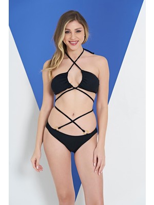 Ruko Maio 2315-1 Siyah Çapraz Ip Modelli Boyundan Bağlamalı Bikini