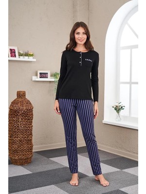 Pjs Gd Goldoremi Premium Kadın Patlı Çizgili Rahat Kalıp Uzun Kollu Pijama Takım