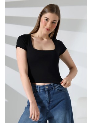 Modaplaza Kadın Kare Yaka Kısa Kol Likralı Crop Body 21804