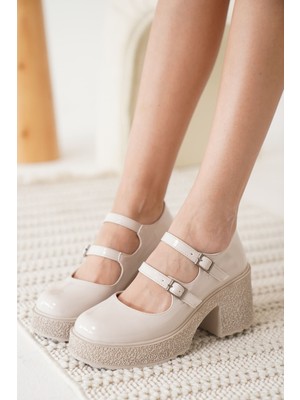 Zerenyus Jasmine Premium Bej Rugan Çift Baretli Platform Topuklu Loafer Ayakkabı