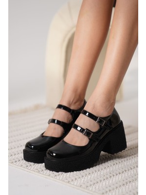 Zerenyus Jasmine Premium Siyah Rugan Çift Baretli Platform Topuklu Loafer Ayakkabı