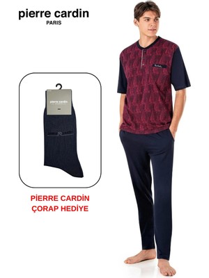 Pierre Cardin Paris Premium Erkek Jakarlı 3’lü Kısa Kol Kapri Uzun Kutulu Pijama Takım Çorap Hediyeli