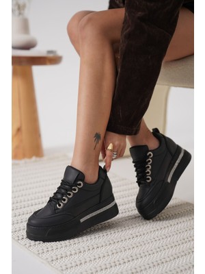 Zerenyus Lunora Premium Yüksek Taban Siyah 8 cm Gizli Topuk Kadın Sneaker
